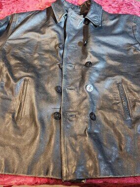 Vintage‎ Express Black Leather Button Down Pea Coat w/ Removable Fleece Lining